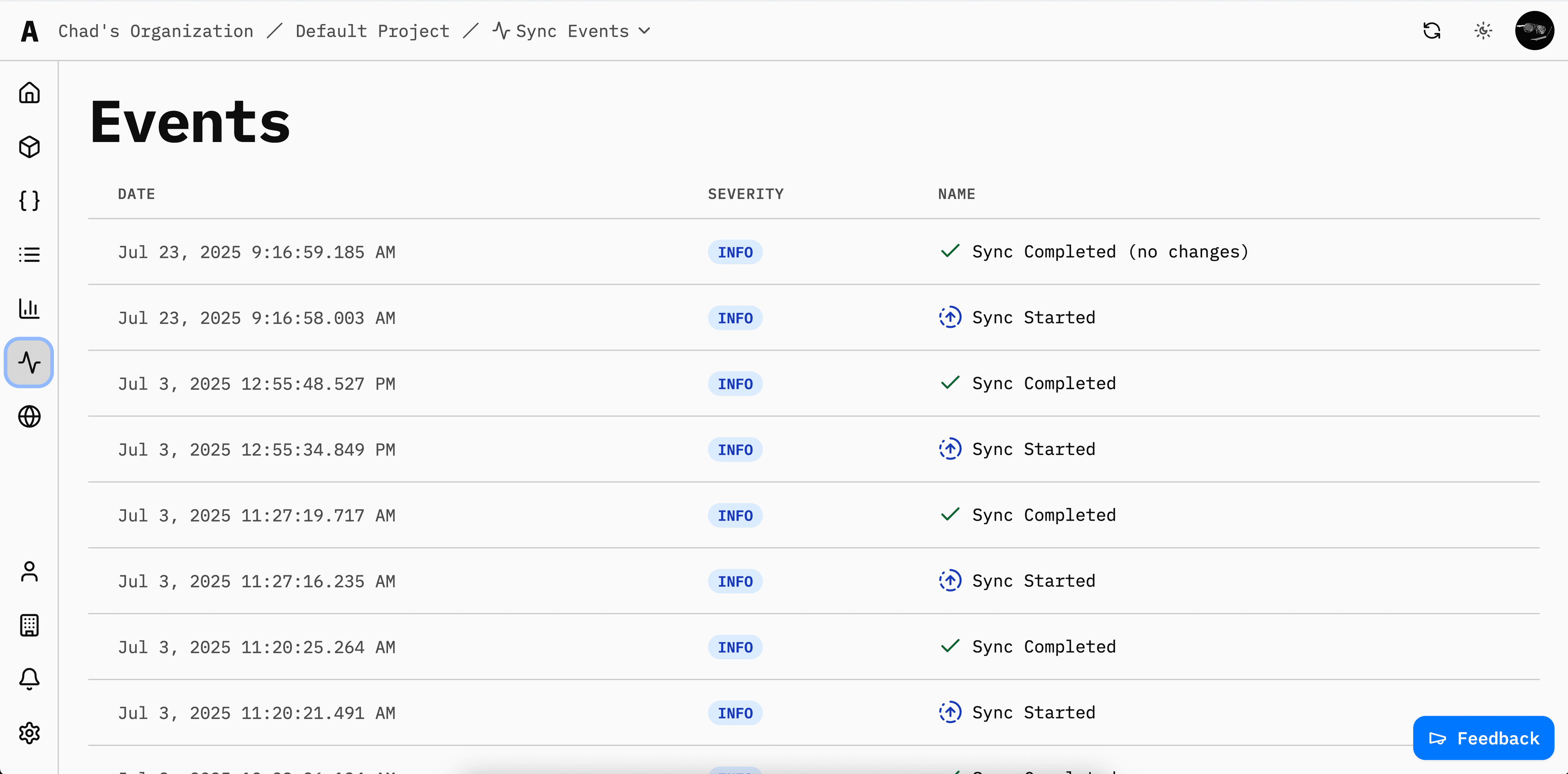 Sync Events Page Screenshot